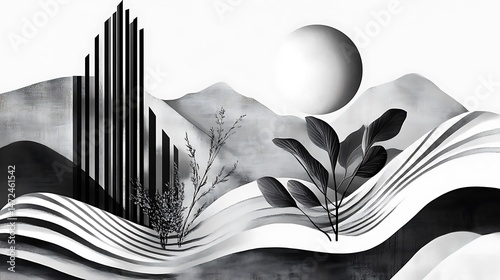 Abstract grayscale landscape with geometric shapes and foliage