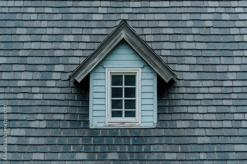 Blue Dormer Window on a Roof Covered with Slate Tiles, Architecture, Exterior Blue Dormer Window on a Roof Covered with Slate Tiles, Architecture, Exterior