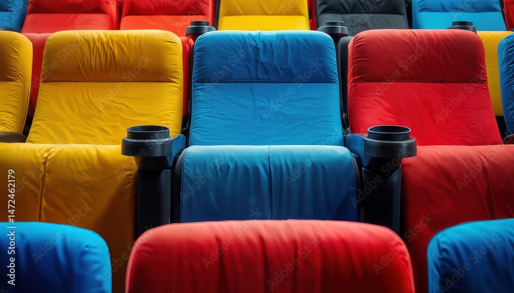 Obraz premium a vibrant row of empty movie theater seats in shades of blue, yellow, and red await an audience.