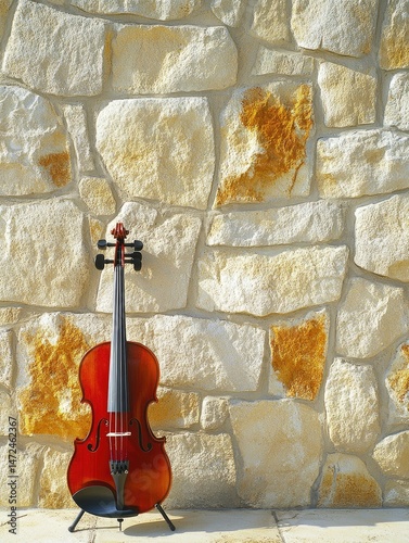 A stringed instrument leans against a textured stone wall outdoors under bright sunlight. The instrument's rich red-brown wood contrasts with the beige and brown of the wall.