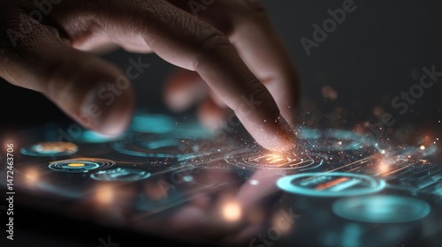 Hand interacting with futuristic touch screen interface
