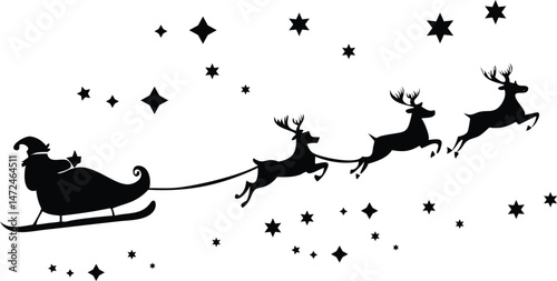 Santa Claus on sleigh flying sky with reindeers black vector silhouette on white background. illustration design  Christmas greeting card and Happy new year.
