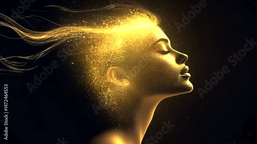 Serene woman's profile, skin dusted with gold, hair dissolving into light particles against dark void