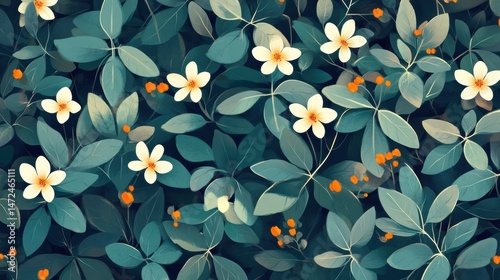 Lush Green Leaves and Delicate White Flowers in Nature Background
