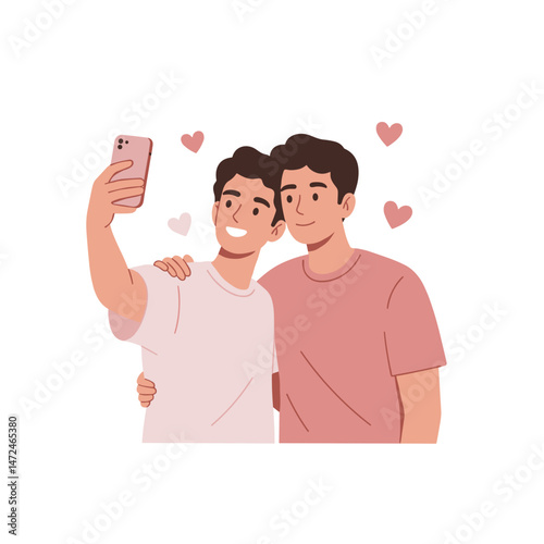 Gay couple taking a selfie, vector illustration with love hearts  