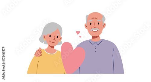 Mature transgender couple smiling and holding a heart illustration  
