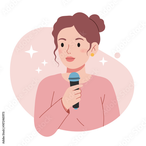 Enthusiastic person at concert, vector holding microphone in pink background  
