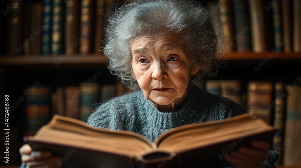 Elderly woman engrossed in reading an open book in a library Elderly woman engrossed in reading an open book in a library