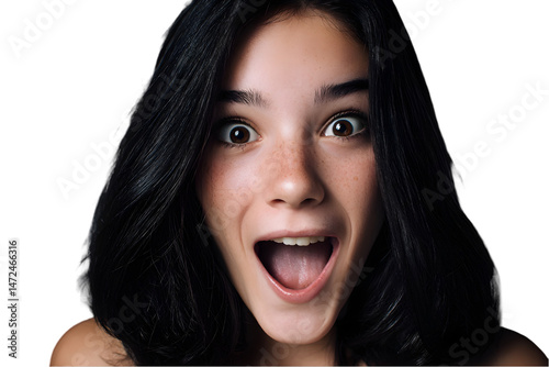 Astonished young woman with dark hair and freckles shows surprise and amazement open mouth wide eyes on transparent background