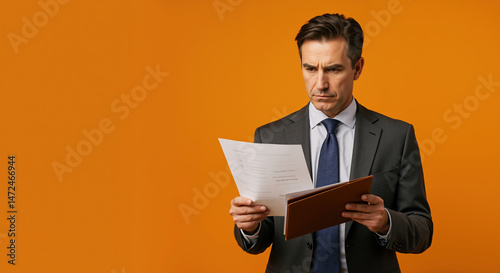 Businessman with concerned expression examining document papers in leather folder against orange background. Critical contract review for legal issues and problematic business agreement terms