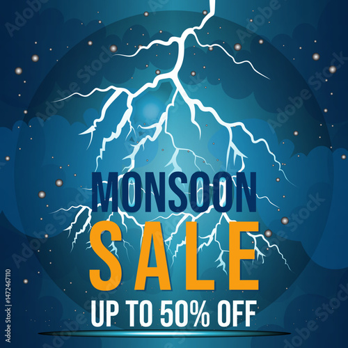 monsoon sale poster design flat vector illustration with lightning and storm clouds