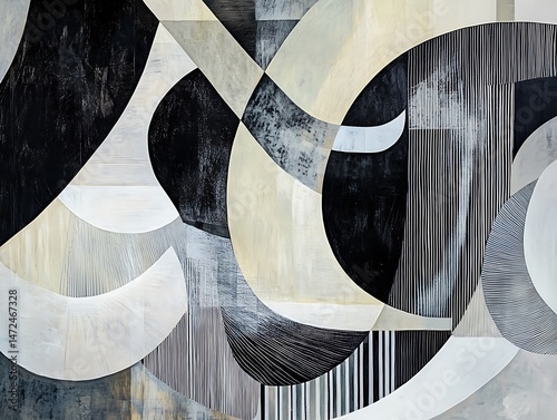 Abstract layered composition of curved and angular shapes in muted tones