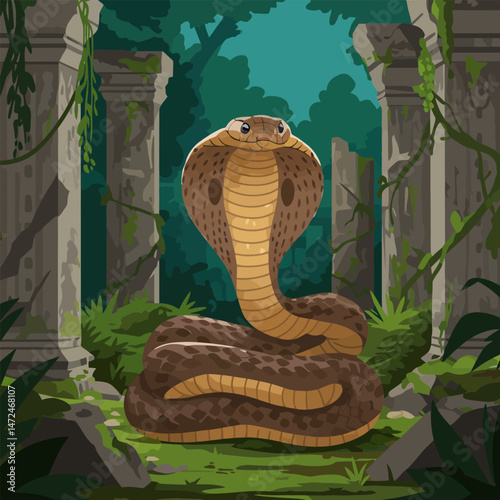 Coiled Cobra Rising in Ancient Ruins Amidst Dense Green Jungle
