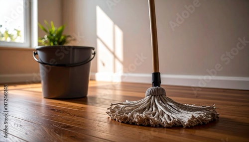 String mop and bucket on wooden floor near white wall
