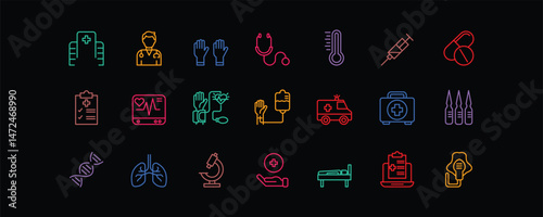 Set of 23 editable thin line icons related to health care and medical services. Includes symbols such as hospital, doctor, medical gloves, stethoscope, syringe, pills, thermometer, vaccine, DNA, lungs