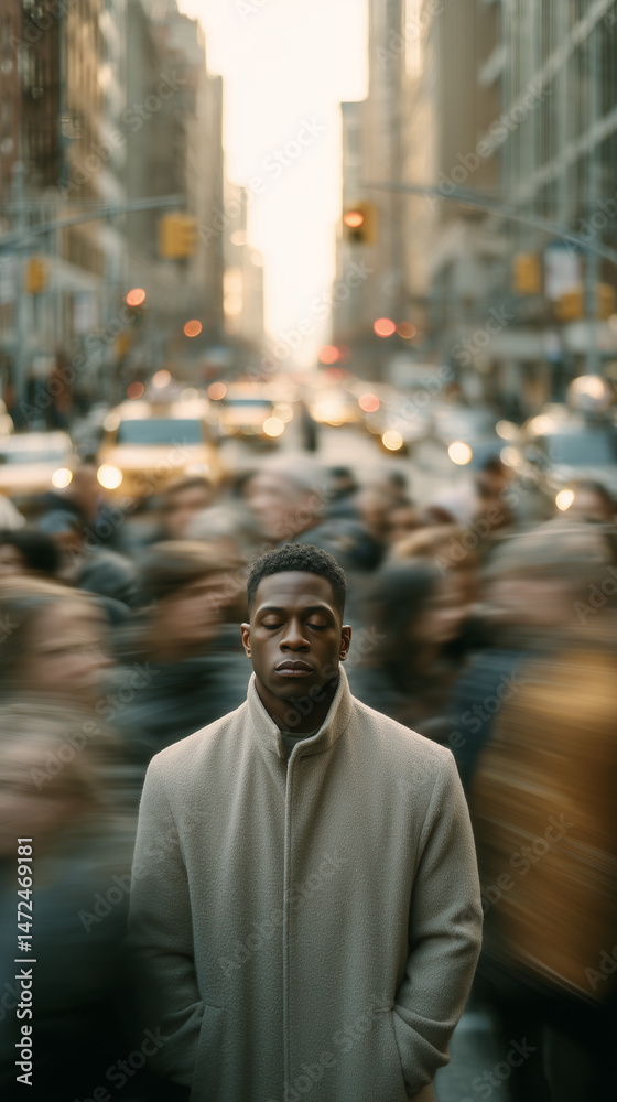Fototapeta premium A photorealistic vertical cinematic shot of a man standing still with his eyes closed in the middle of a busy American city street during daytime