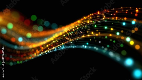 Abstract flowing light trail with colorful bokeh effects on a dark background.