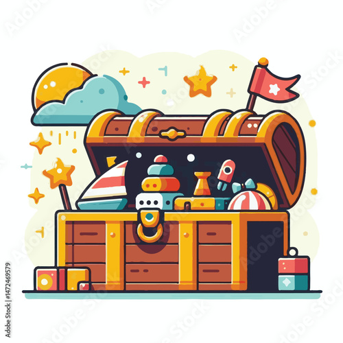 chest, toy, box, isolated, wooden, kid, childhood, design, baby, object, fun, play, cartoon, vector, wood, game, illustration, white, container, teddy, decoration, child, collection, bear, gift, cute,