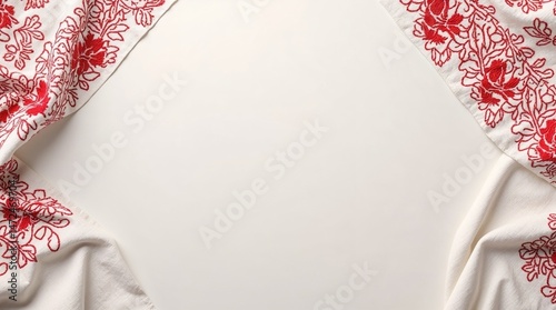 Traditional red floral embroidery on white linen with copy space