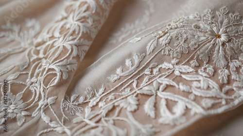 Delicate white floral embroidery on off-white fabric