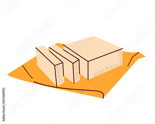 Butter on paper. Yellow dairy product. Vector sticks of butter isolated on background. Slices of margarine or spread, fatty natural dairy product. High-calorie food for cooking and eating