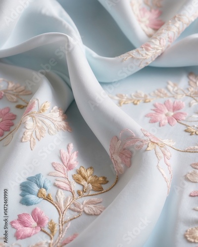 Pastel floral embroidery on light blue silk