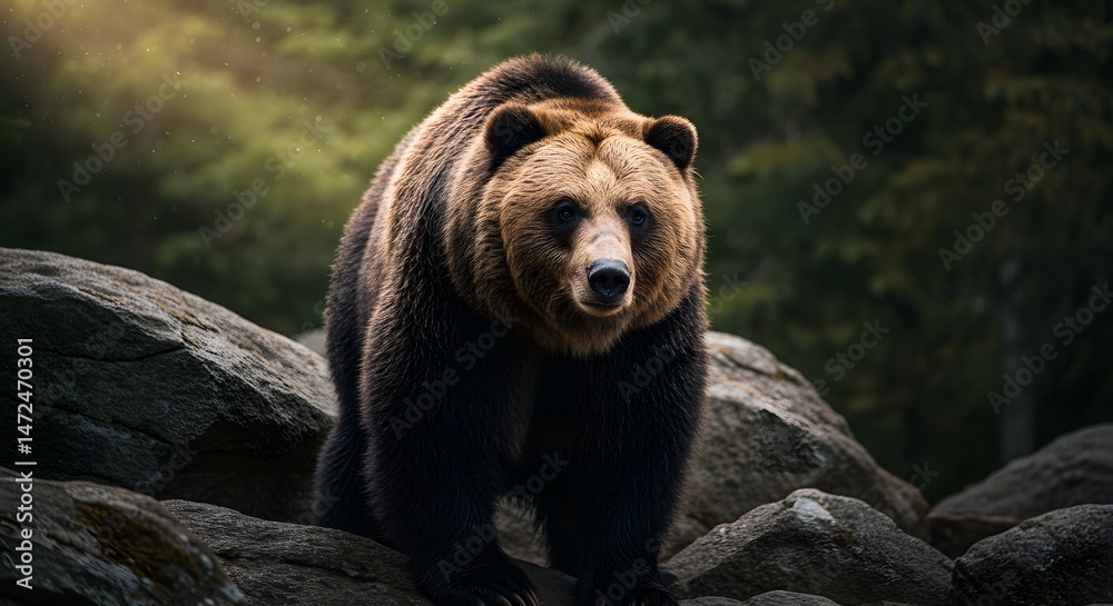 Obraz premium Brown Bear Standing on Rocks in Forest Habitat