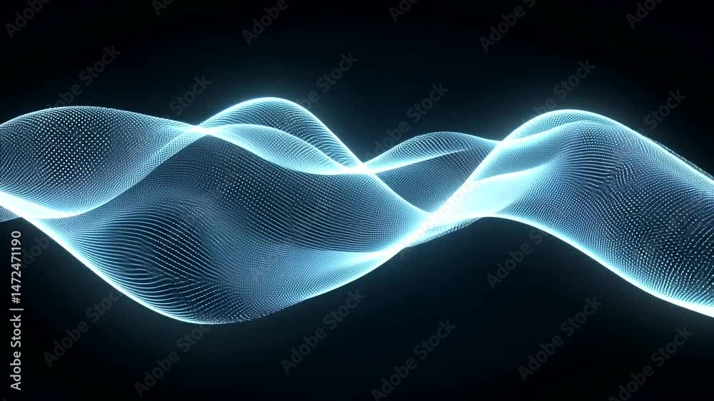 Luminous blue particle waves flow, intertwine, and undulate, creating a dynamic digital mesh on a dark background
