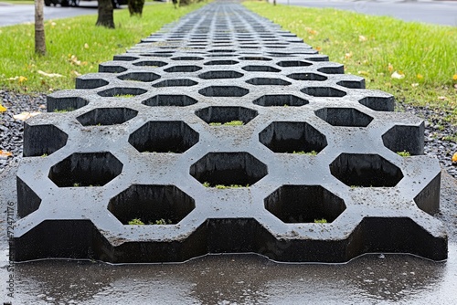 Dark gray, hexagonal paving stones, creating a walkway.  Wet from recent rain. Grass growing between the pavers