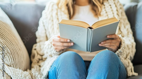 A cozy scene featuring a close-up of a woman’s hand holding a cup, with her other hand resting on an open book.