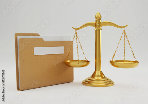 Contract folder and golden scales of justice, 3D rendering of legal agreement concept on white background