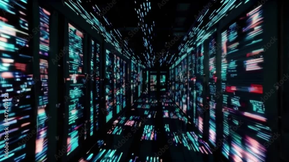 Binary code streams form a digital tunnel, an abstract illustration of technology and data in the electronic space