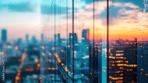 Urban Cityscape at Sunset with Reflections on Glass Buildings