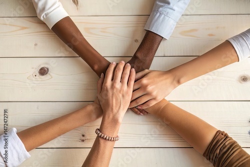 Diverse hands stacked together on wooden table