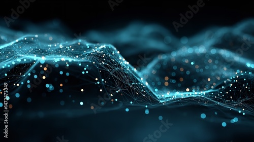 Futuristic Digital Wave of Glowing Blue Particles and Network Lines