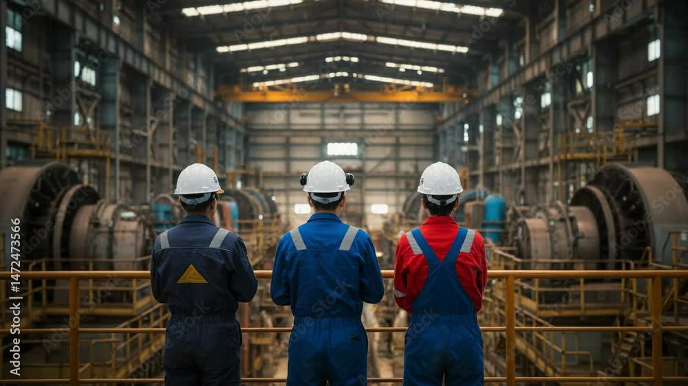 Three Industrial Workers Overlooking Machinery in a Large Factory Environment: A Close-Up on Safety Gear and Engineering Expertise Three Industrial Workers Overlooking Machinery in a Large Factory Environment: A Close-Up on Safety Gear and Engineering Expertise