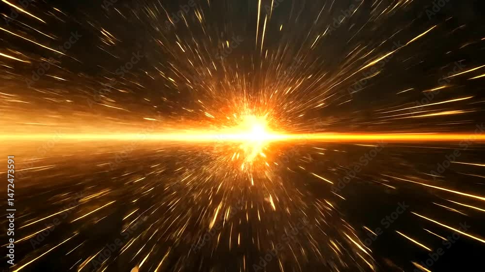 A bright, explosive burst of orange and yellow light streaks outwards from a central point against a dark, dynamic background