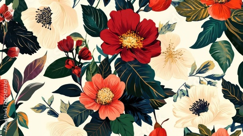 Vibrant Floral Pattern with Bold Blooms and Lush Green Leaves