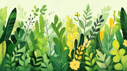 Vibrant Green Foliage Illustration with Various Leaf Designs