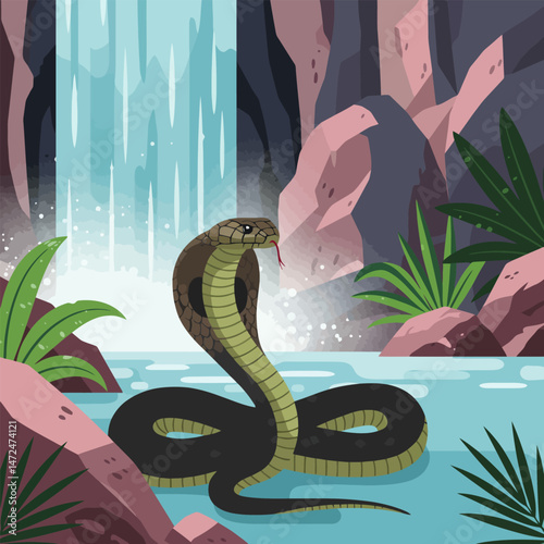 Cobra in Jungle Pool Near Waterfall Wildlife Adventure Graphic
