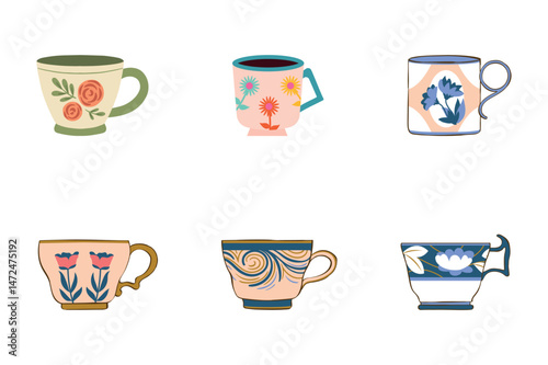 A vector illustration showcases a set of coffee cups, ideal for cafe design with hot drink icons and espresso silhouettes