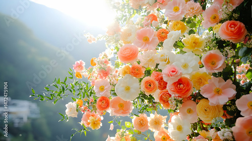 Vibrant floral arrangement of peach, orange, and cream blossoms against a mountain backdrop