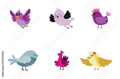 A cute set of cartoon birds, a funny vector illustration with animal and nature elements