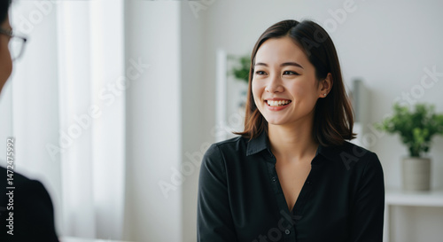 Smiling asian businesswoman in black shirt during professional conversation in bright modern office with plants. Positive communication creates welcoming atmosphere for job interviews Free Download Smiling asian businesswoman in black shirt during professional conversation in bright modern office with plants. Positive communication creates welcoming atmosphere for job interviews - GFXLoad