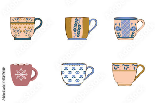 A vector illustration set features a variety of coffee cups and mugs, ideal for hot beverages like espresso, cappuccino, latte, or tea, with a clean, modern design suitable for cafe icons or breakfast