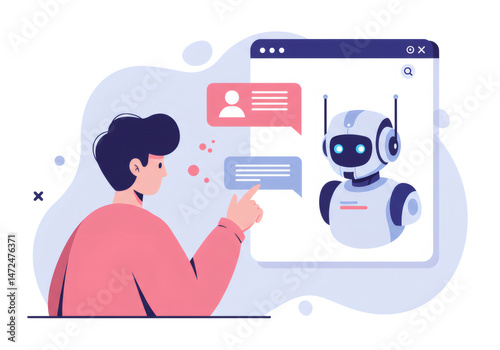 透明な背景にロボットアシスタントとやり取りする漫画の男性 人工知能インタラクションとコミュニケーションの概念を描いたフラットデザイン photo