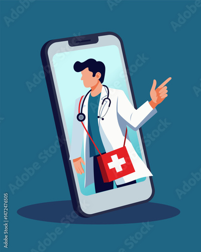 Doctor emerging from smartphone with medical bag