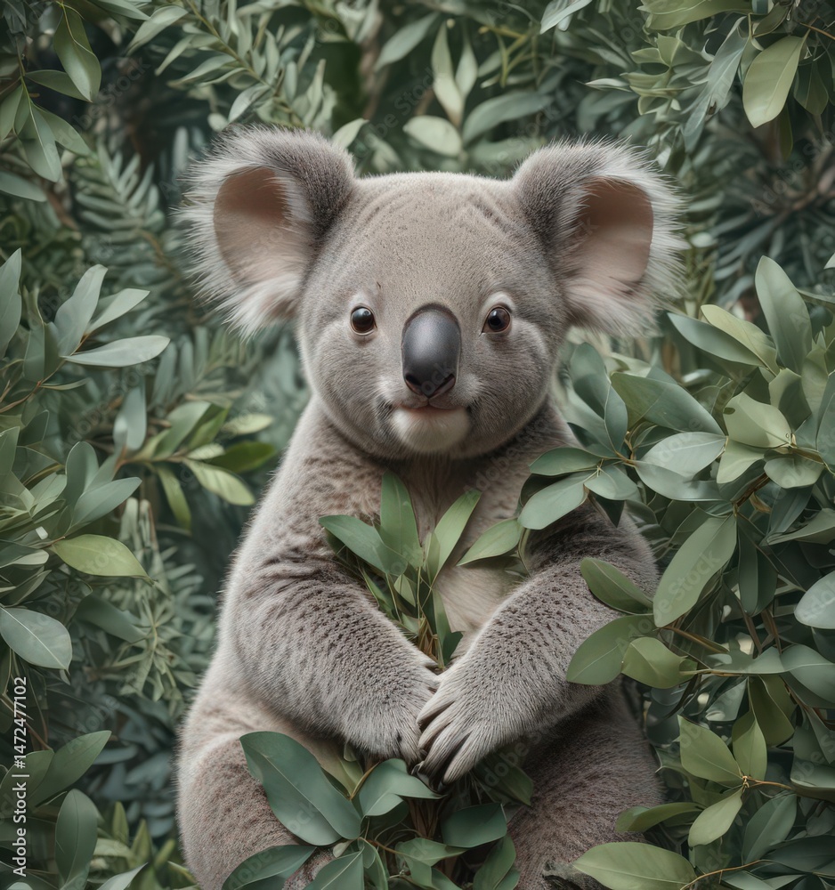 Fototapeta premium Adorable koala joey nestled amongst eucalyptus leaves in a seamless repeat pattern , background, koala joey pattern