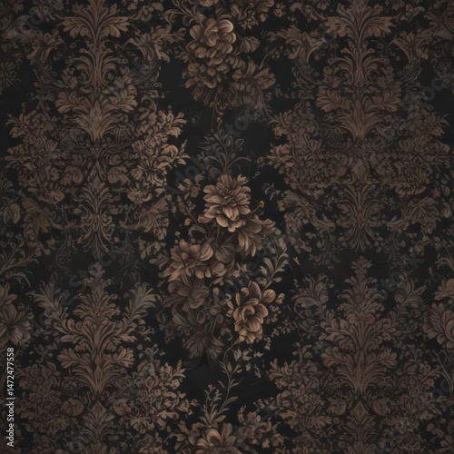 Intricate dark floral damask, seamless pattern , design, black