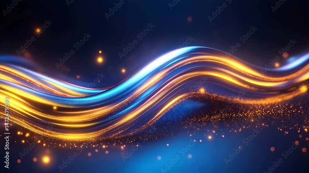 Fototapeta premium Glowing, fluid, wavy lines of gold and blue light sparkle against a dark background